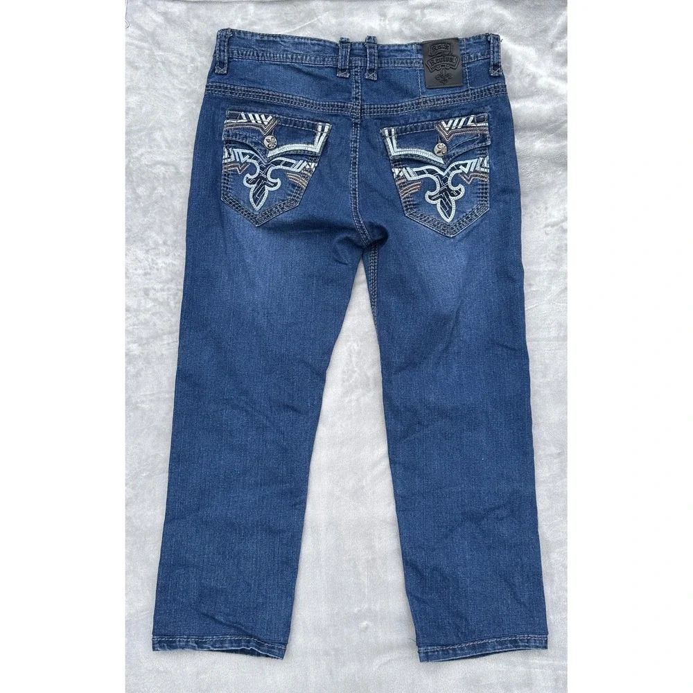 Rock Revival Calden Straight Blue Denim Jeans Mens 36x28 Medium Wash Embroidery
